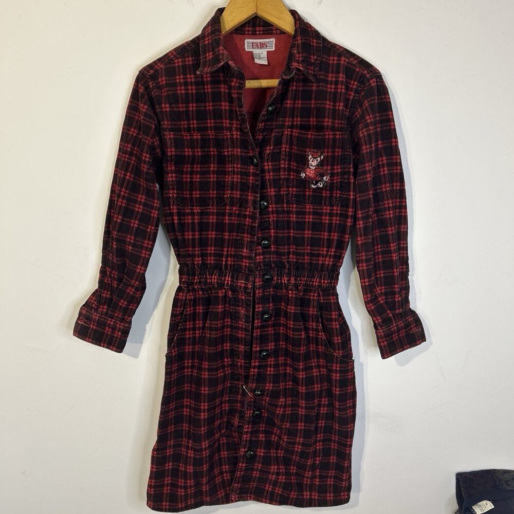 Vintage Fads Red Black Cotton Corduroy Shirt Dress Nc State embroidery Size 2P